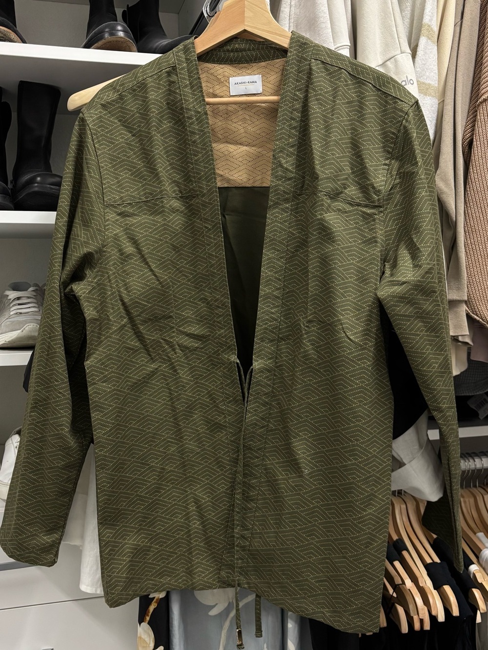 Akashi-Kama Noragi Jacket Olive Green Patterned